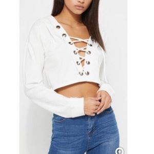 Ivory Lace Up Cropped Hoodie